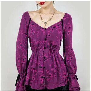 CINQ A SEPT Size Medium MABEL PURPLE FLORAL SILK BLACK VELVET RUFFLE BLOUSE TOP